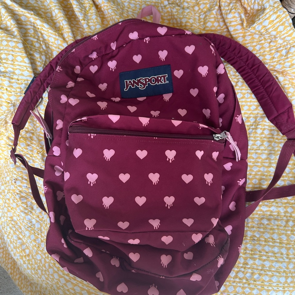 JanSport Burgundy Heart Print Backpack Classic Design - Picture 2 of 8